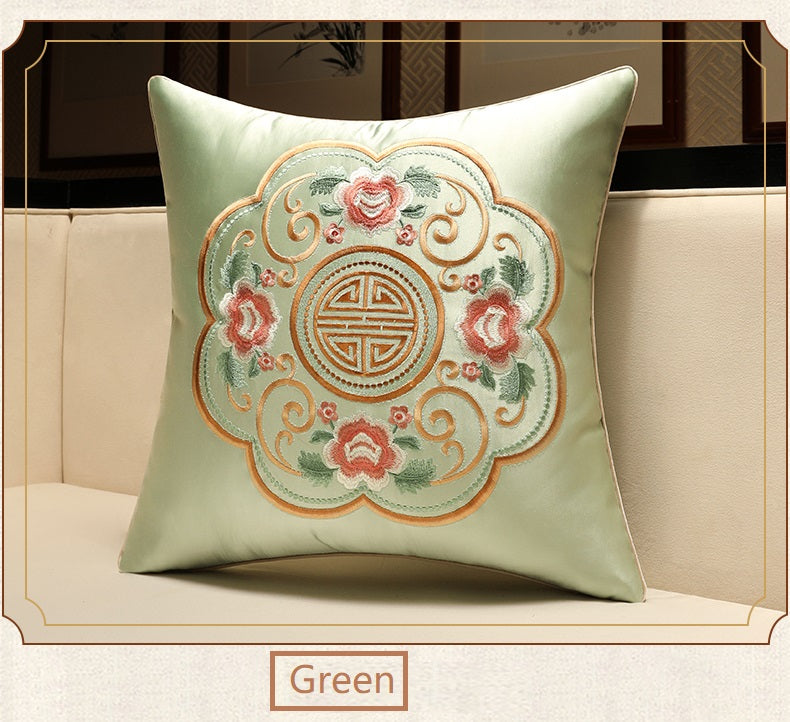 green Oriental Floral  Embroidered  Satin Cushion Cover Green