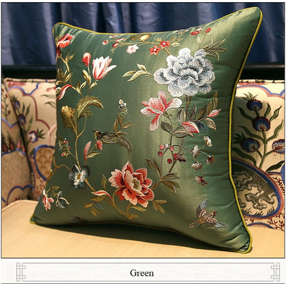 green Oriental Peony  & Birds  Embroidered  Satin Cushion Covers