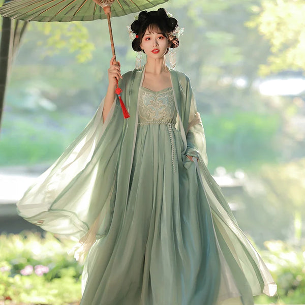 Woman in traditional light green Chinese Tang Dynasty Ruqun Set Hanfu Dress holding a parasol in a garden setting