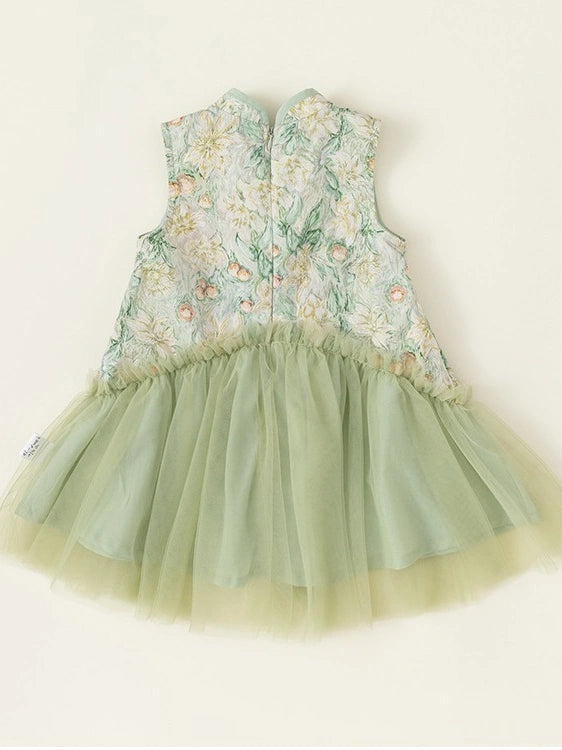 Girls Traditional Chinese Floral Sleeveless Tulle Qipao cheongsam dress