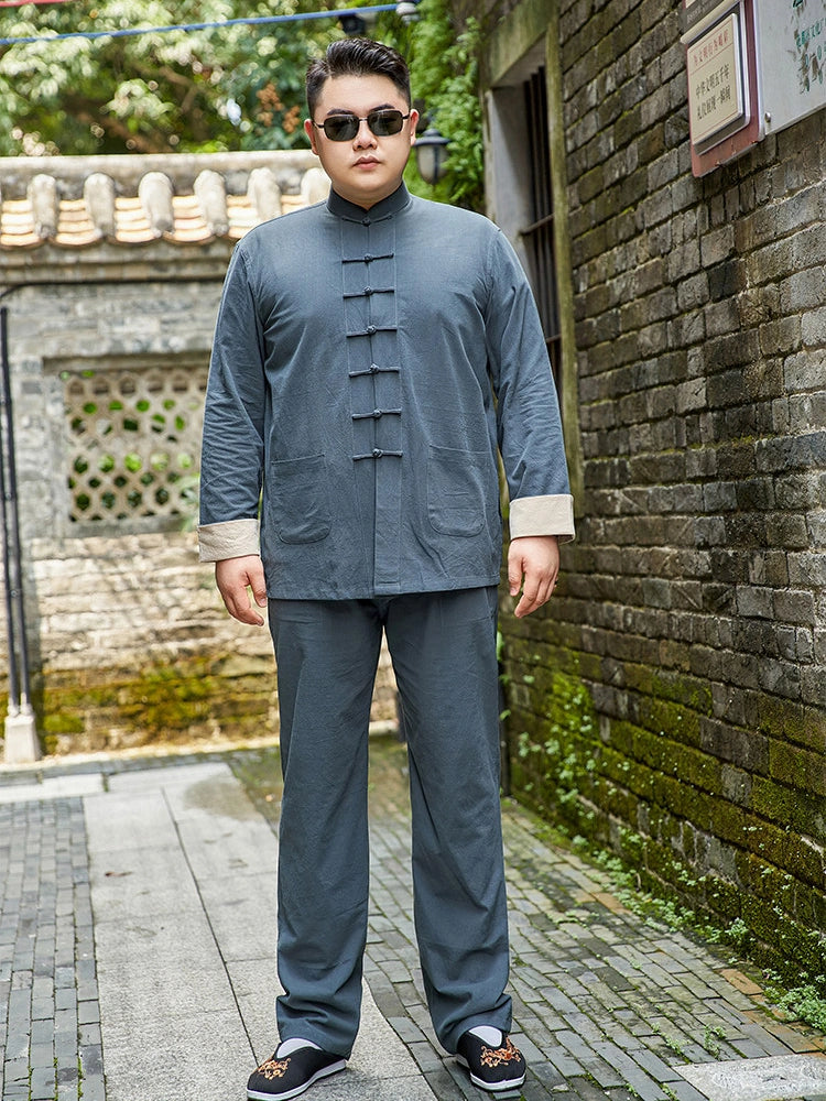 green Men's Plus Size Tang Cotton Linen Tang Jacket & Trousers