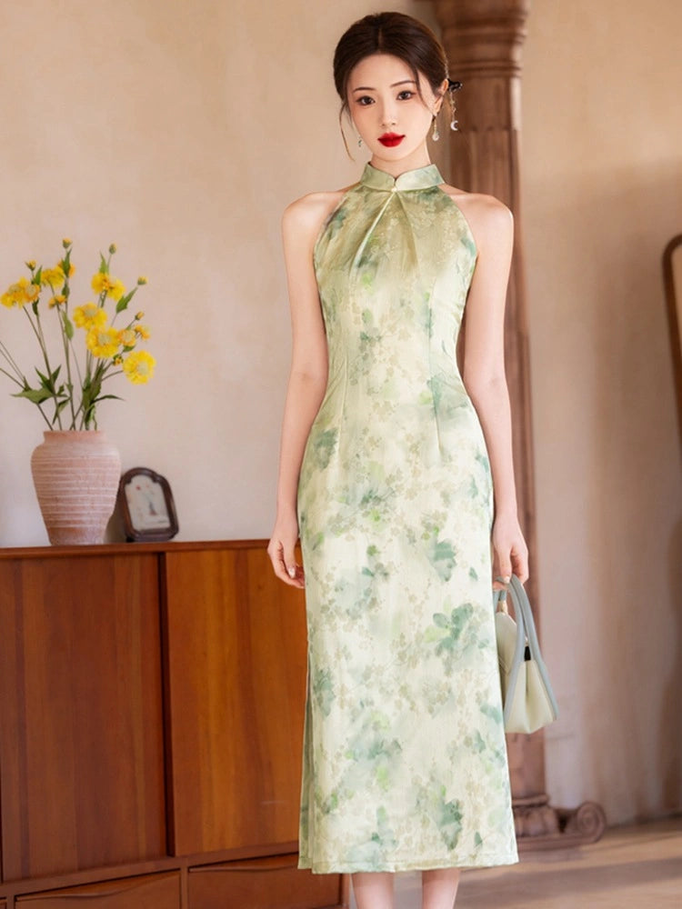 Modern Halter Neck Floral Jacquard Qipao Dress