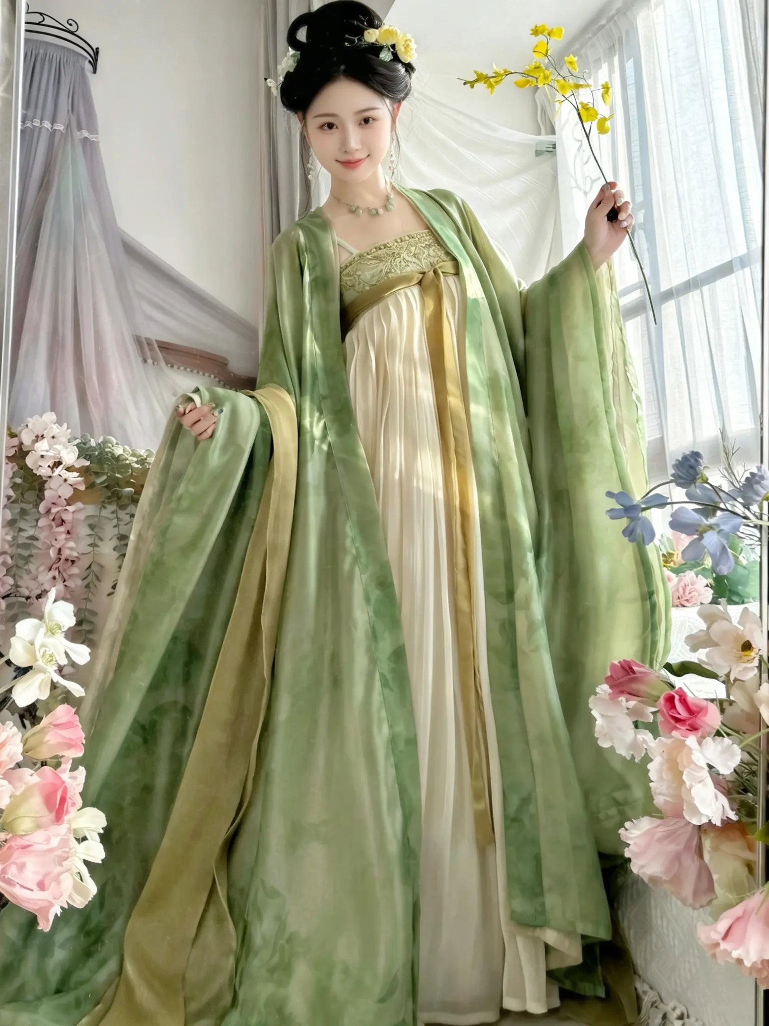 A woman wearing a traditional Chinese tang dynasty Hanfu dress with a light green outer robe and cream inner dress, standing in a decorated indoor setting with flowers and sheer curtains.