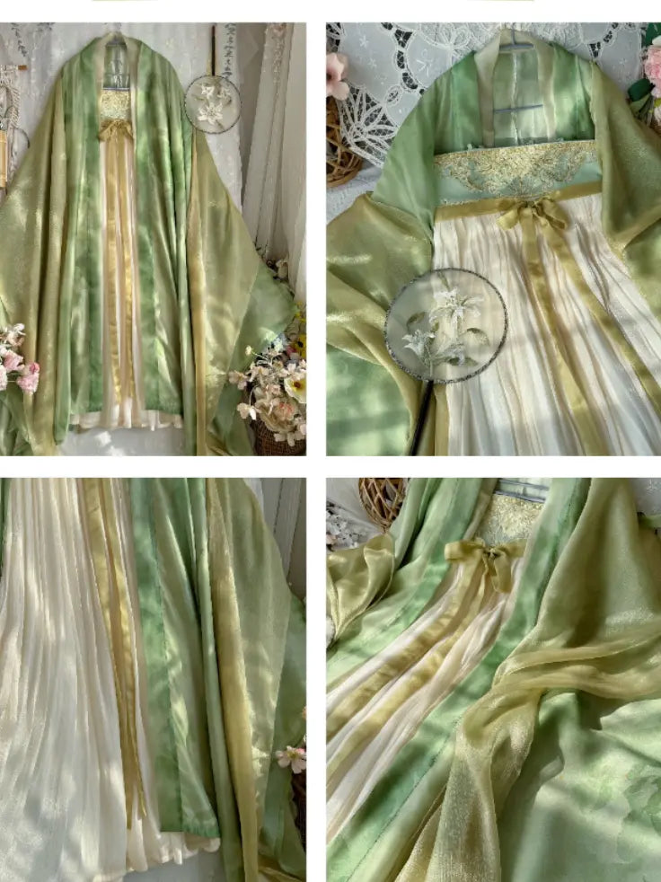 A four-panel collage showing a traditional Chinese Hanfu dress in light green and cream silk. The panels display the full garment, close-ups of the fabric texture and gold embroidered details, and a decorative round fan.