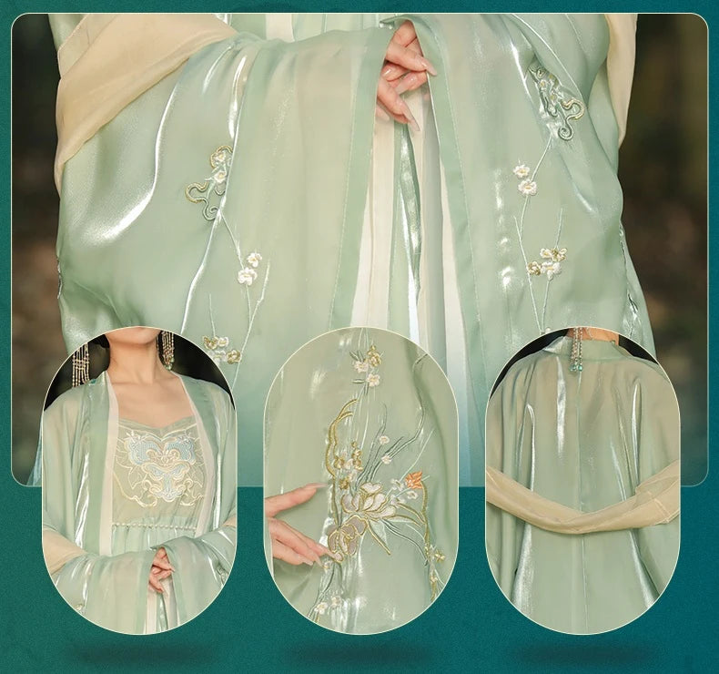 Light green Tang Dynasty Hanfu Dress with floral embroidery on a teal background