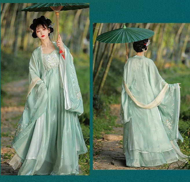 Woman in traditional light green  Tang Dynasty chinese Hanfu Dress  holding a green umbrella in a natural setting