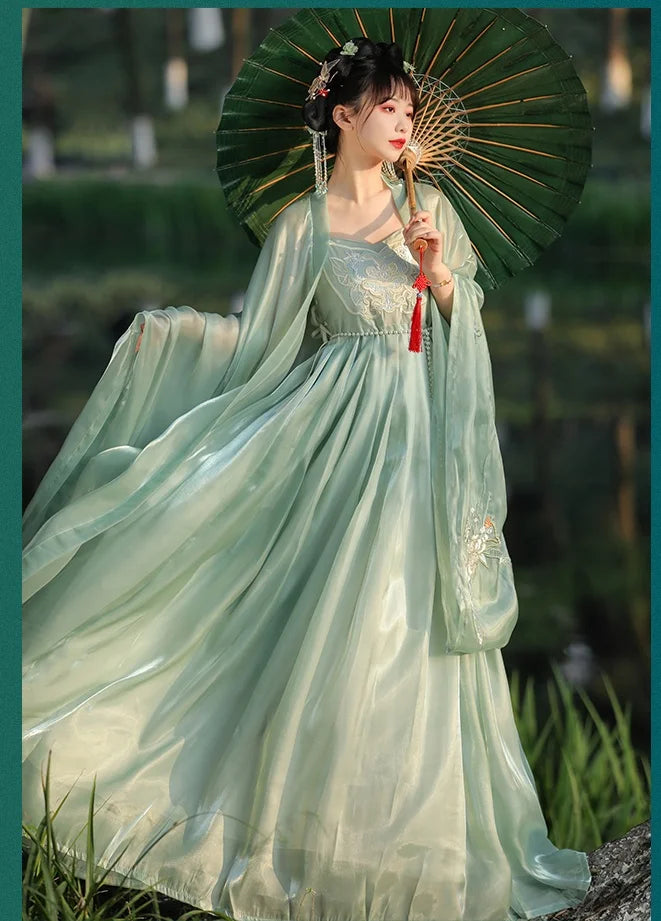 Woman in traditional light green Traditional Chinese Hanfu Clothing with Flowing Sleeves holding a green parasol in a natural setting