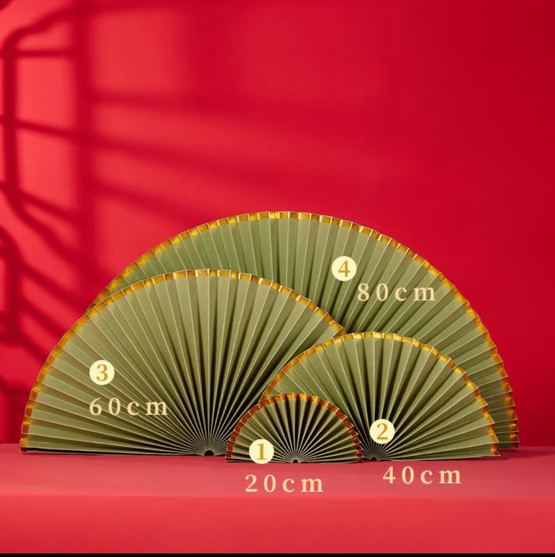 Large green oriental paper folding fans for home event decor