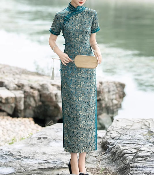 Teal Foral Long Cheongsam Qipao Dress