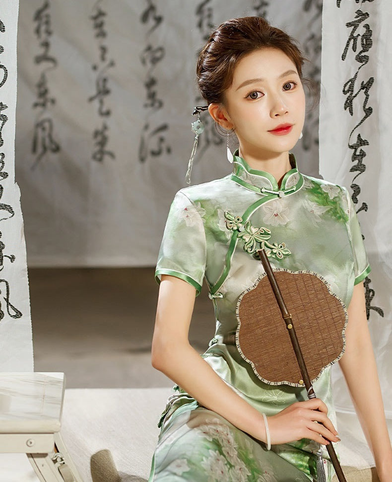 Robe Qipao en soie verte | Jasmine