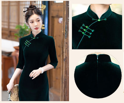 Green Long Sleeves A-Line Velvet Chinese modern Cheongsam Dress