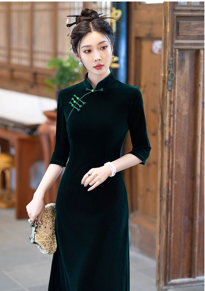 Green Long Sleeves A-Line Velvet Chinese Cheongsam Dress