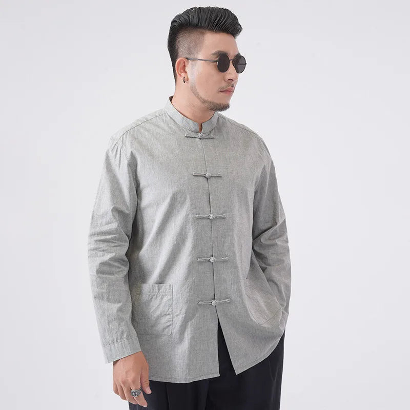 grey Plus-Size Cotton Linen Chinese kongfu Tang  Shirt