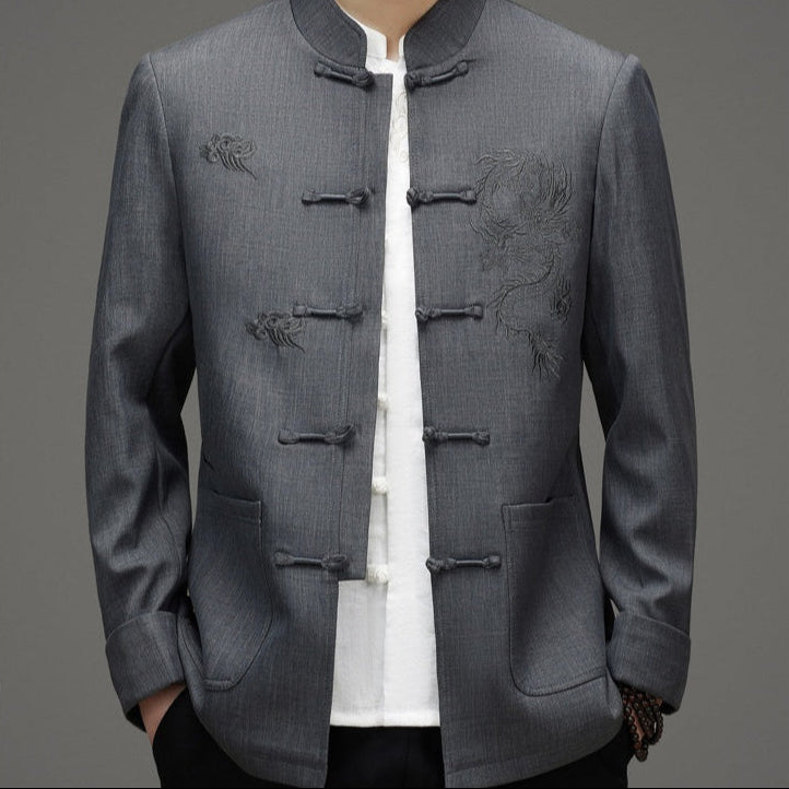 gray chinese dragon tang jacket suit