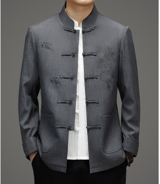 Gray Tang Jacket With Dragon Cloud Embroidery