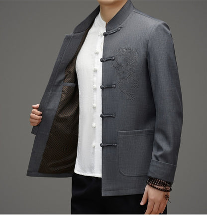 Gray Tang Jacket With Dragon Cloud Embroidery