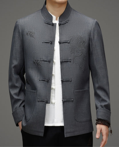 Gray Tang Jacket With Dragon Cloud Embroidery