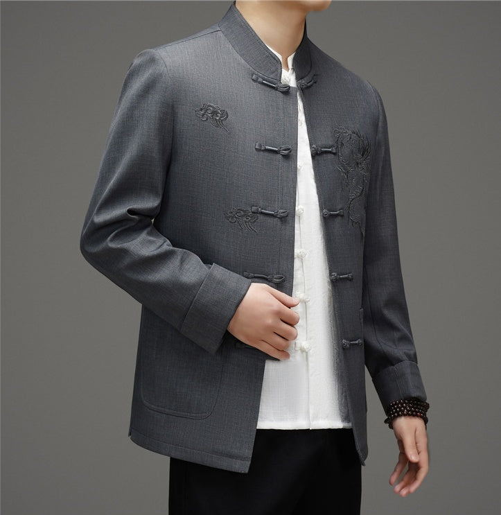 Gray Tang Jacket With Dragon Cloud Embroidery