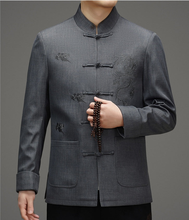 Gray Tang Jacket With Dragon Cloud Embroidery