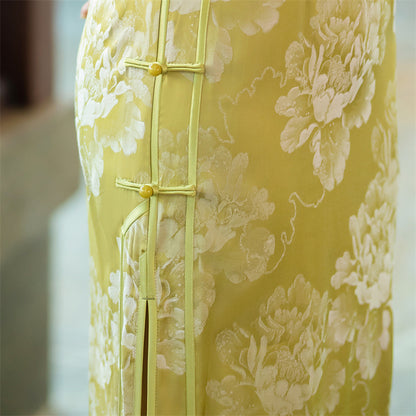 Yellow Half Sleeve Floral Qipao Dress| Peony