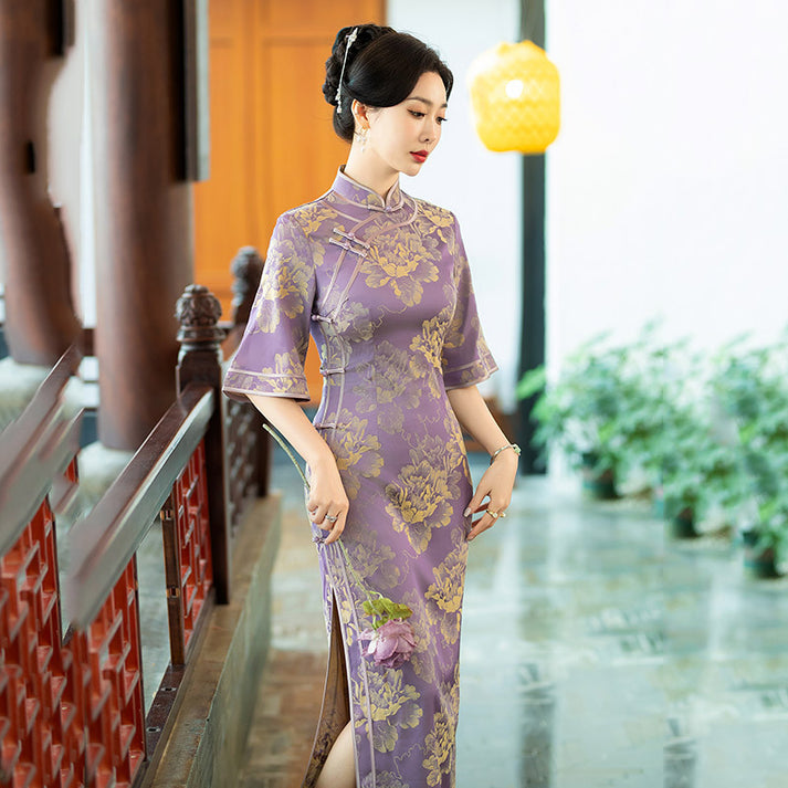 Purple Yellow Floral Print Cheongsam Qipao Dress