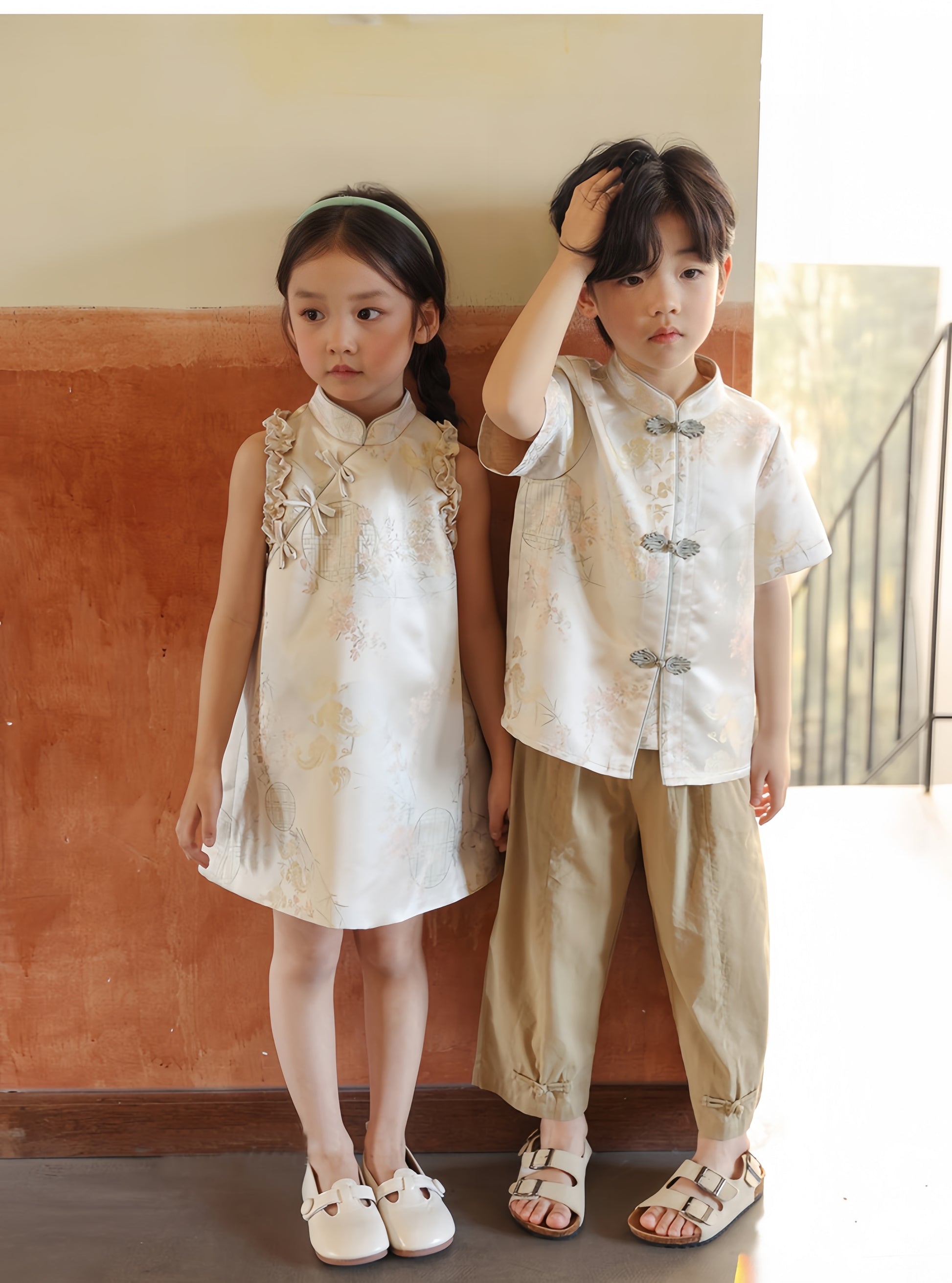 A chinese kid girl in white qipao dress and a chinese boy kid in matching white tang jacket