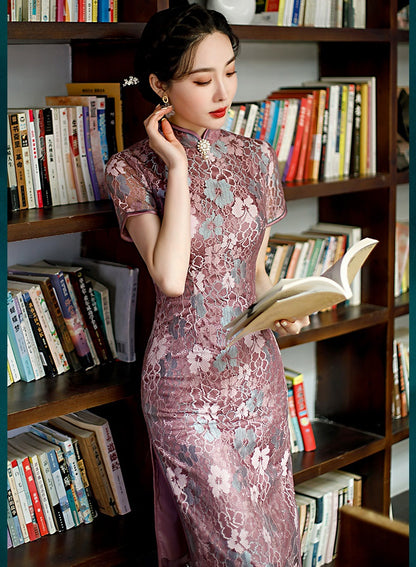 Purple Floral Lace Qipao Dress