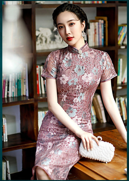 Purple Floral Lace Qipao Dress