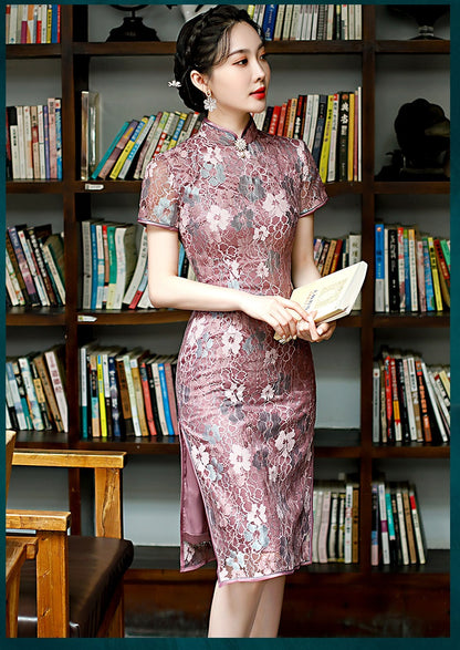 Purple Floral Lace Qipao Dress