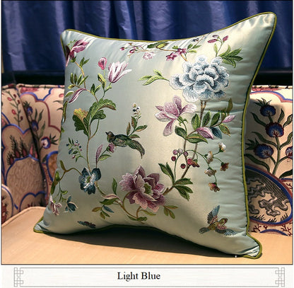 light blue Oriental Peony  & Birds  Embroidered  Satin Cushion Covers