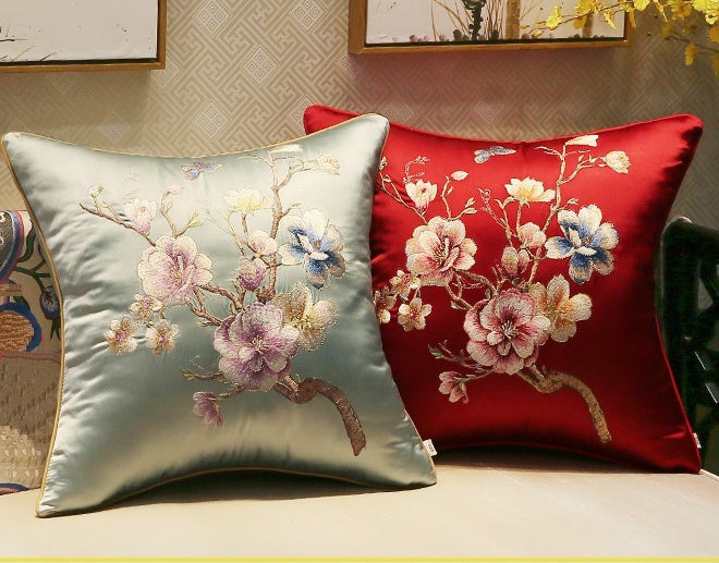 Satin cushion cover with peach blossom embroidery 