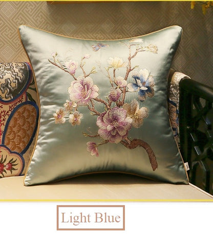 light blue Satin cushion cover with peach blossom embroidery 