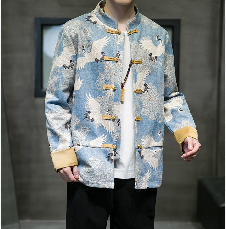 Light Blue Men’s Traditional Tang Suit Jacket with Crane Bird