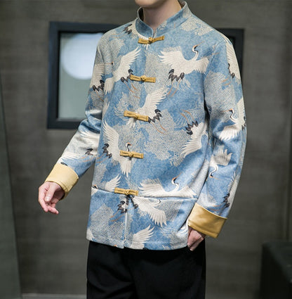 Light Blue Men’s Traditional Tang Suit Jacket with Crane Bird