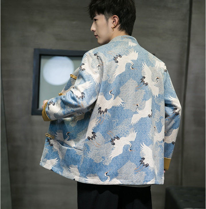 Light Blue Men’s Traditional Tang Suit Jacket with Crane Bird