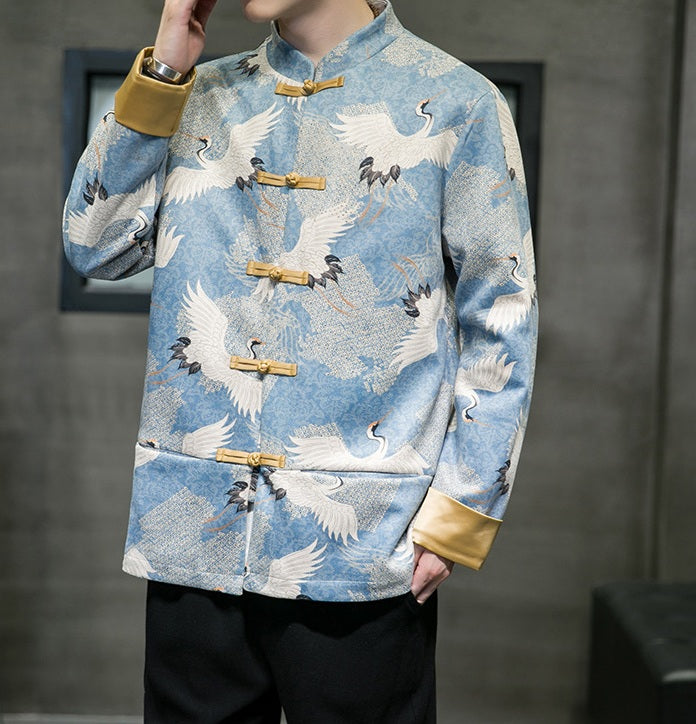 Light Blue Men’s Traditional Tang Suit Jacket with Crane Bird