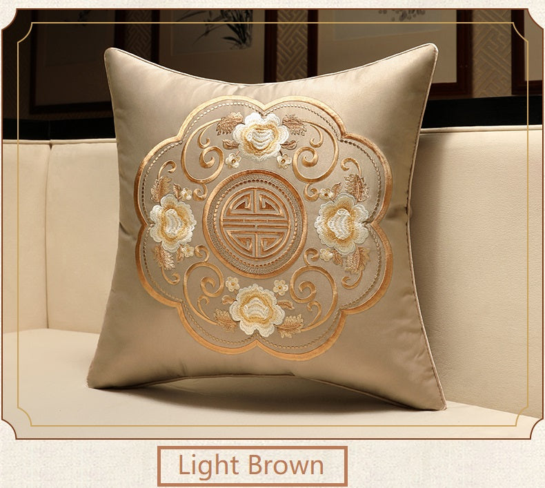 light brown Oriental Floral  Embroidered  Satin Cushion Cover