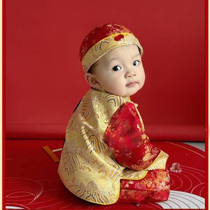 A chinese baby in long sleeves Red and Golden Tang Jacket Set and Traditional Hat