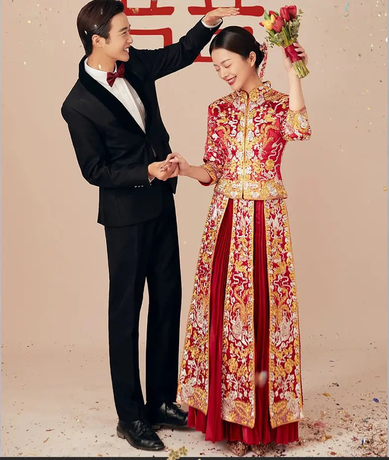 Traditional Chinese Red Bridal  dragon pheonix Qun Kwa Dress