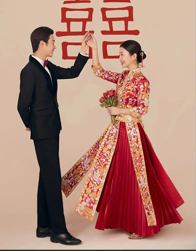 Traditional Chinese Red Bridal  dragon pheonix Qun Kwa Dress