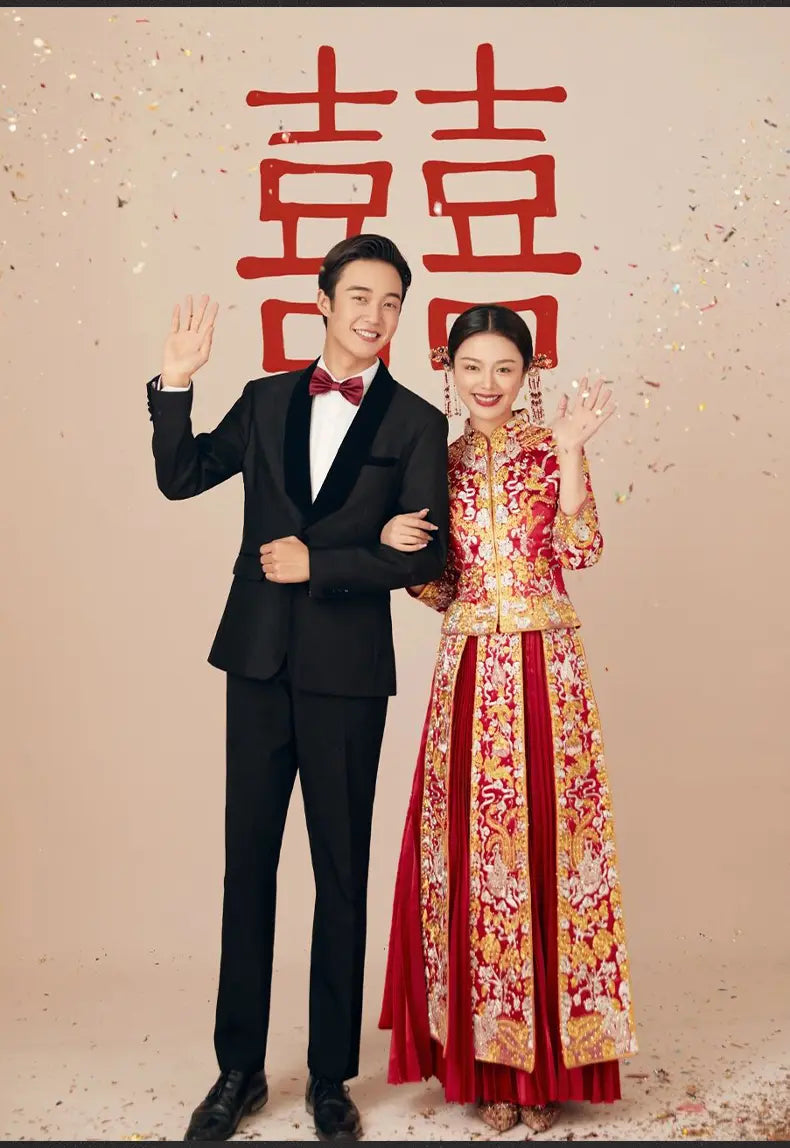 Traditional Chinese Red Bridal  dragon pheonix Qun Kwa Dress