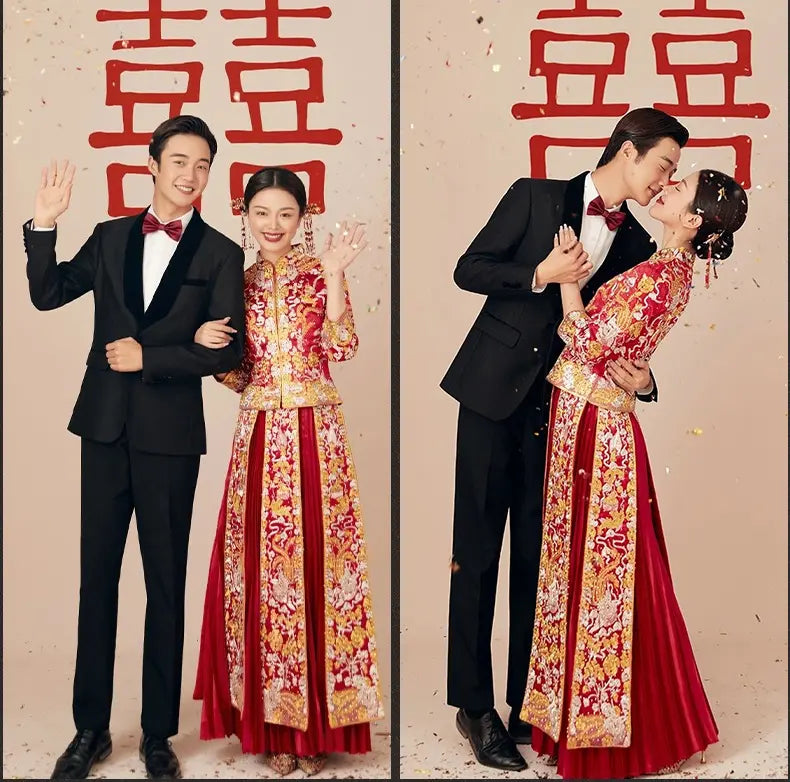 Traditional Chinese Red Bridal  dragon pheonix Qun Kwa Dress
