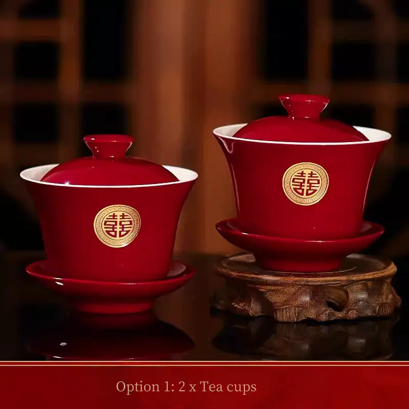 Red and golden Double Happiness Asian Chinese Wedding Tea Ceremony Tea Cups Bowls Set