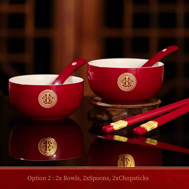 Red and golden Double Happiness Asian Chinese Wedding Tea Ceremony Tea Cups Bowls Set