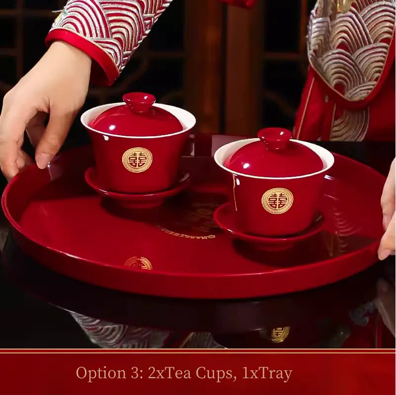 Red and golden Double Happiness Asian Chinese Wedding Tea Ceremony Tea Cups Bowls Set