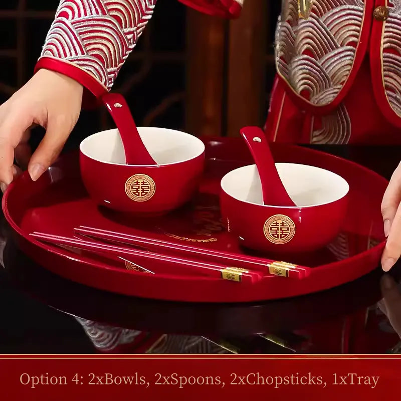 Red and golden Double Happiness Asian Chinese Wedding Tea Ceremony Tea Cups Bowls Set