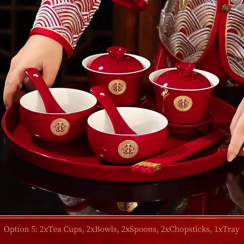 Red and golden Double Happiness Asian Chinese Wedding Tea Ceremony Tea Cups Bowls Set