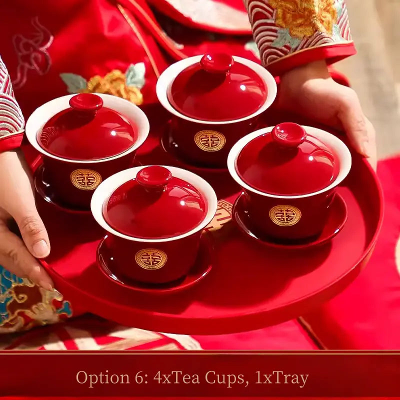 Red and golden Double Happiness Asian Chinese Wedding Tea Ceremony Tea Cups Bowls Set
