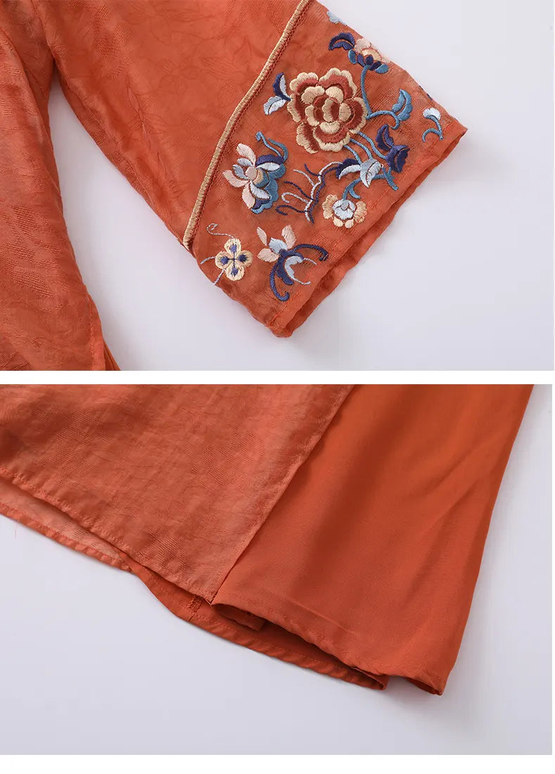 Close-up of orange fabric with floral embroidery on a white background