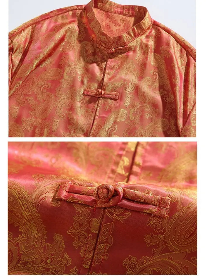 Traditional orange Modern New Chinese Style Men's Half Sleeve Jacquard Tang Shirt with intricate patterns on a pink and gold fabric.